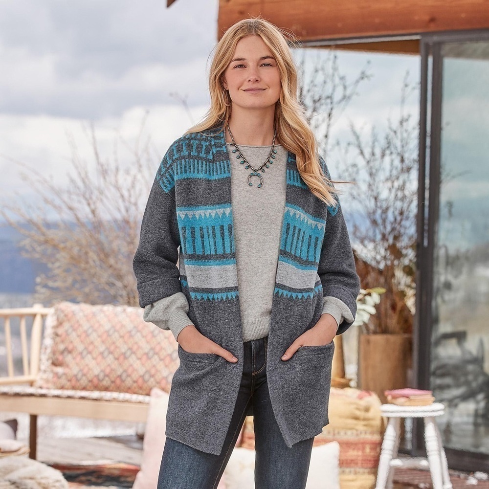 Sundance Quiet Isle Cashmere Wool Blend Southwest Long Open Cardigan Sweater